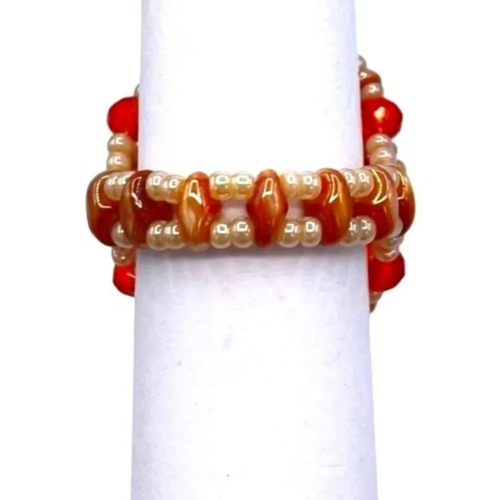 Caramel Brown and Orange Crystal Beaded Statement Ring Size 7